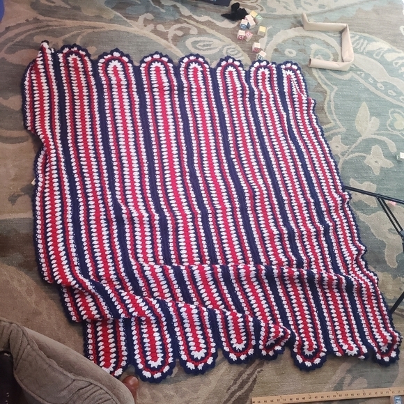 Handmade Afghan Throw Blanket Striped Red White Blue‎ 5ftx6ft - Picture 4 of 5